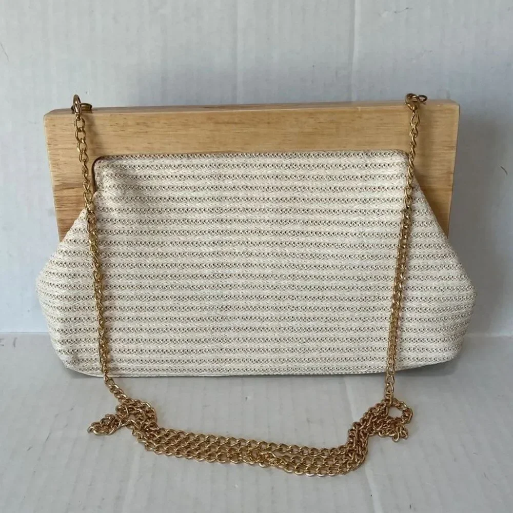 Tommy Bahama woven raffia structured clutch boho crossbody chain strap wood fram